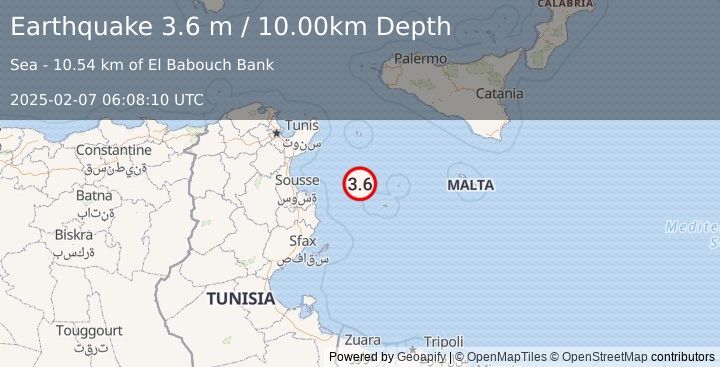 Earthquake CENTRAL MEDITERRANEAN SEA (3.6 m) (2025-02-07 06:08:10 UTC)