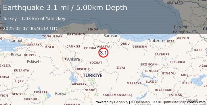 Earthquake CENTRAL TURKEY (3.1 ml) (2025-02-07 06:46:14 UTC)