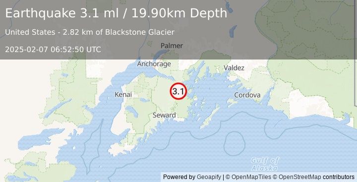 Earthquake KENAI PENINSULA, ALASKA (3.1 ml) (2025-02-07 06:52:50 UTC)