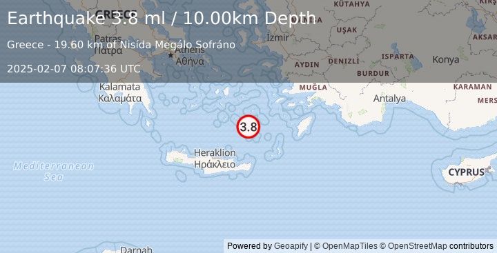 Earthquake DODECANESE ISLANDS, GREECE (3.8 ml) (2025-02-07 08:07:36 UTC)