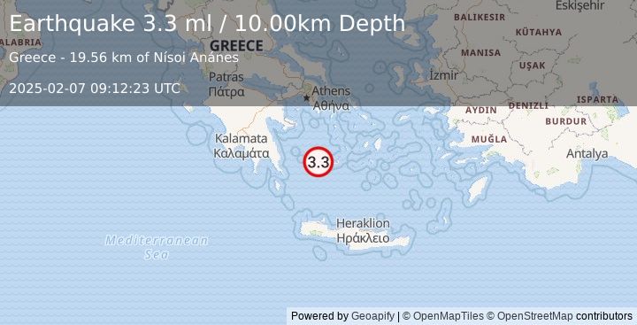 Earthquake SOUTHERN GREECE (3.3 ml) (2025-02-07 09:12:23 UTC)