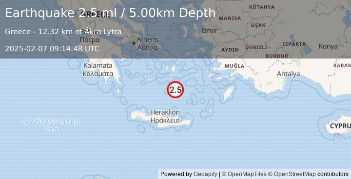 Earthquake DODECANESE ISLANDS, GREECE (2.5 ml) (2025-02-07 09:14:48 UTC)