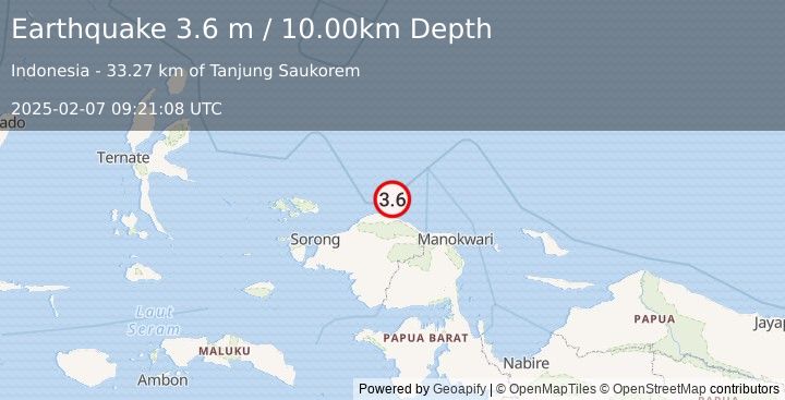 Earthquake NEAR N COAST OF PAPUA, INDONESIA (3.6 m) (2025-02-07 09:21:08 UTC)