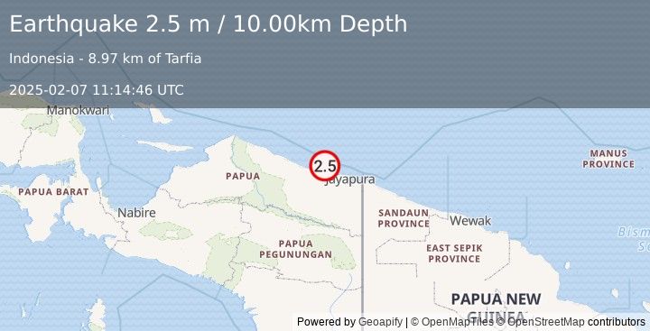 Earthquake NEAR N COAST OF PAPUA, INDONESIA (2.5 m) (2025-02-07 11:14:46 UTC)