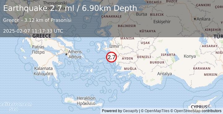 Earthquake DODECANESE ISLANDS, GREECE (2.7 ml) (2025-02-07 11:17:33 UTC)