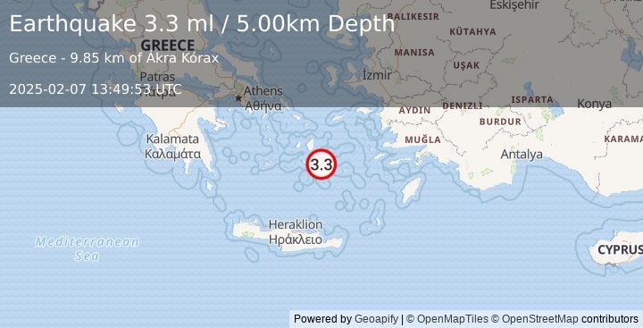 Earthquake DODECANESE ISLANDS, GREECE (3.3 ml) (2025-02-07 13:49:53 UTC)