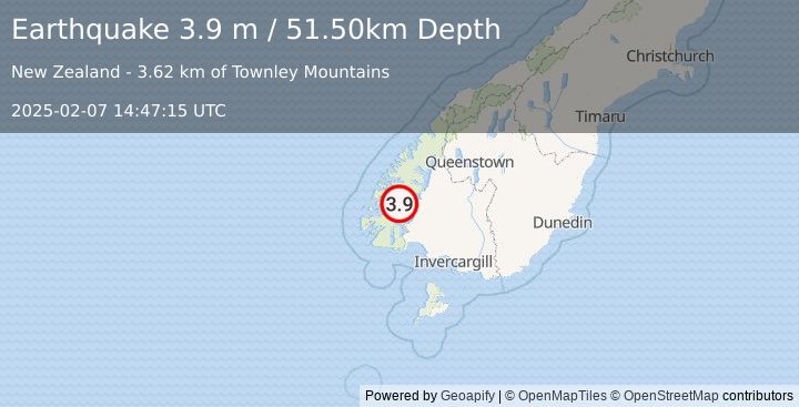 Earthquake SOUTH ISLAND OF NEW ZEALAND (3.9 m) (2025-02-07 14:47:15 UTC)