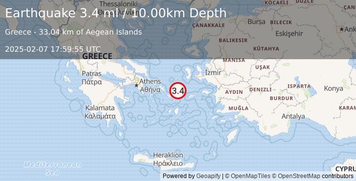 Earthquake DODECANESE ISLANDS, GREECE (3.4 ml) (2025-02-07 17:59:55 UTC)