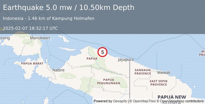 Earthquake NEAR N COAST OF PAPUA, INDONESIA (5.0 mw) (2025-02-07 18:32:17 UTC)