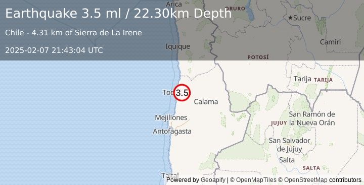 Earthquake ANTOFAGASTA, CHILE (3.5 ml) (2025-02-07 21:43:04 UTC)