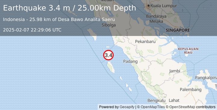 Earthquake KEPULAUAN BATU, INDONESIA (3.4 m) (2025-02-07 22:29:06 UTC)