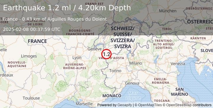 Earthquake NORTHERN ITALY (1.2 ml) (2025-02-08 00:37:59 UTC)