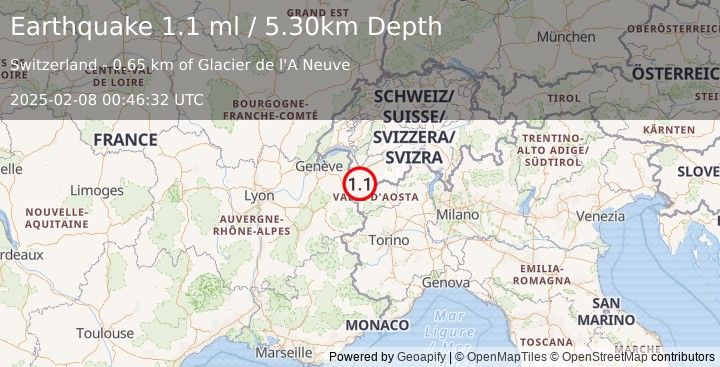 Earthquake SWITZERLAND (1.1 ml) (2025-02-08 00:46:32 UTC)