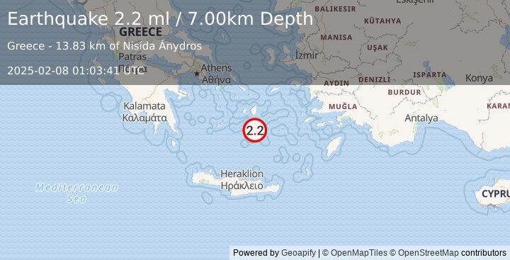 Earthquake DODECANESE ISLANDS, GREECE (2.2 ml) (2025-02-08 01:03:41 UTC)