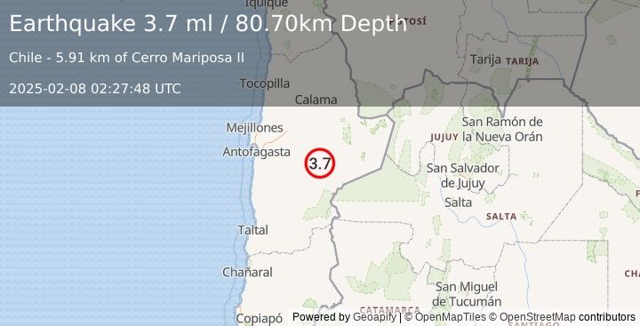 Earthquake ANTOFAGASTA, CHILE (3.7 ml) (2025-02-08 02:27:47 UTC)