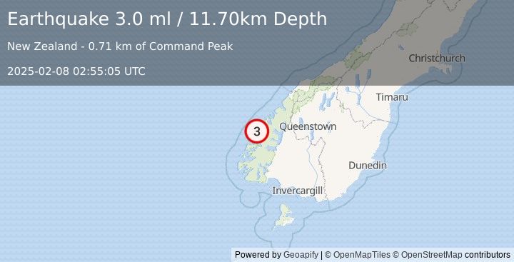 Earthquake SOUTH ISLAND OF NEW ZEALAND (3.0 ml) (2025-02-08 02:55:05 UTC)