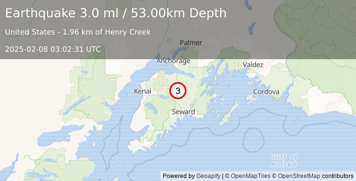 Earthquake KENAI PENINSULA, ALASKA (3.0 ml) (2025-02-08 03:02:31 UTC)