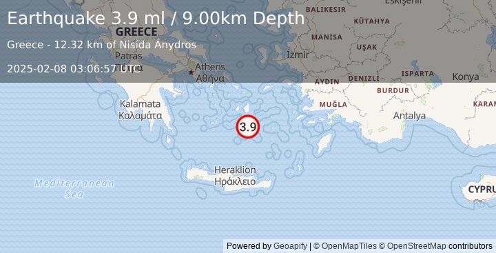 Earthquake DODECANESE ISLANDS, GREECE (3.9 ml) (2025-02-08 03:06:57 UTC)