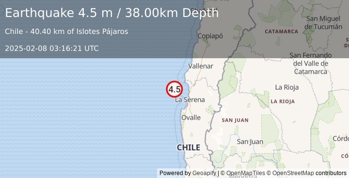 Earthquake OFFSHORE COQUIMBO, CHILE (4.6 ml) (2025-02-08 03:16:20 UTC)