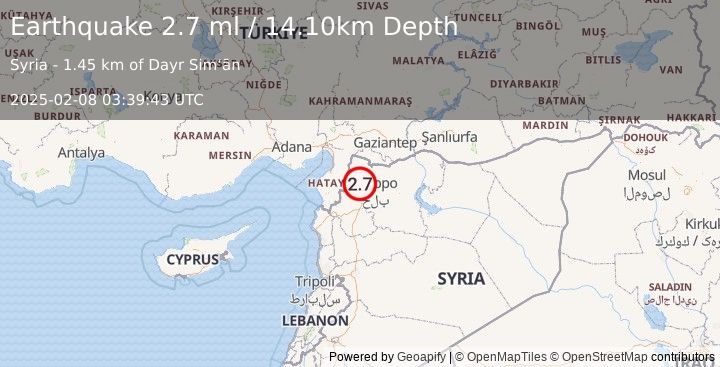 Earthquake TURKEY-SYRIA BORDER REGION (2.7 ml) (2025-02-08 03:39:43 UTC)