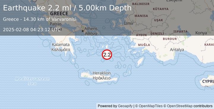 Earthquake DODECANESE ISLANDS, GREECE (2.2 ml) (2025-02-08 04:23:12 UTC)