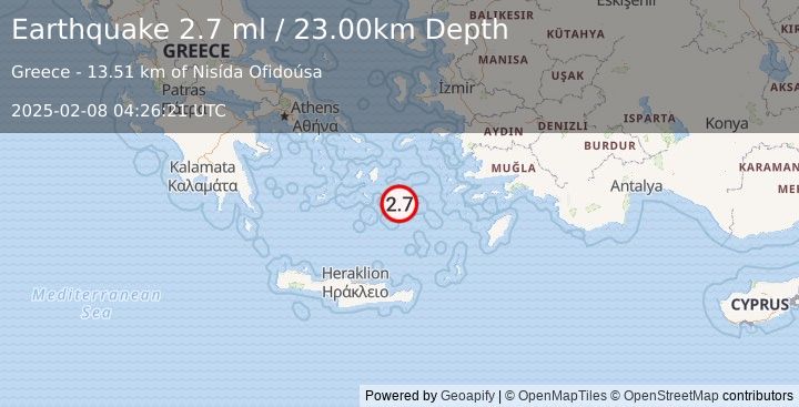 Earthquake DODECANESE ISLANDS, GREECE (2.7 ml) (2025-02-08 04:26:21 UTC)