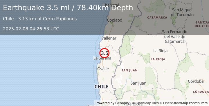 Earthquake COQUIMBO, CHILE (3.5 ml) (2025-02-08 04:26:53 UTC)