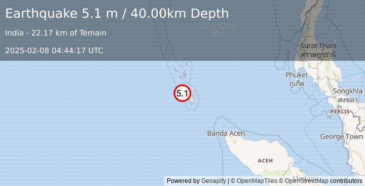 Earthquake NICOBAR ISLANDS, INDIA REGION (5.1 m) (2025-02-08 04:44:17 UTC)