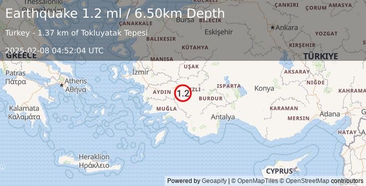 Earthquake WESTERN TURKEY (1.2 ml) (2025-02-08 04:52:04 UTC)