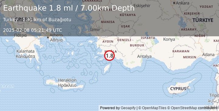 Earthquake DODECANESE IS.-TURKEY BORDER REG (1.8 ml) (2025-02-08 05:21:49 UTC)