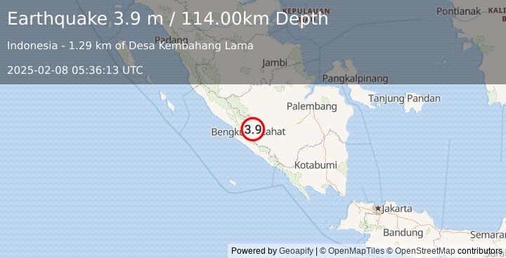 Earthquake SOUTHERN SUMATRA, INDONESIA (3.9 m) (2025-02-08 05:36:13 UTC)