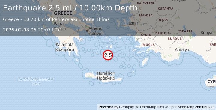 Earthquake DODECANESE ISLANDS, GREECE (2.5 ml) (2025-02-08 06:20:07 UTC)