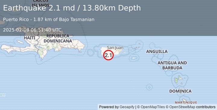 Earthquake PUERTO RICO REGION (2.1 md) (2025-02-08 06:51:40 UTC)