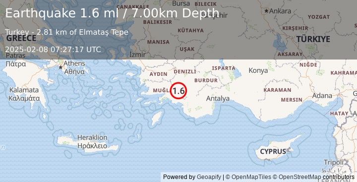 Earthquake WESTERN TURKEY (1.6 ml) (2025-02-08 07:27:17 UTC)