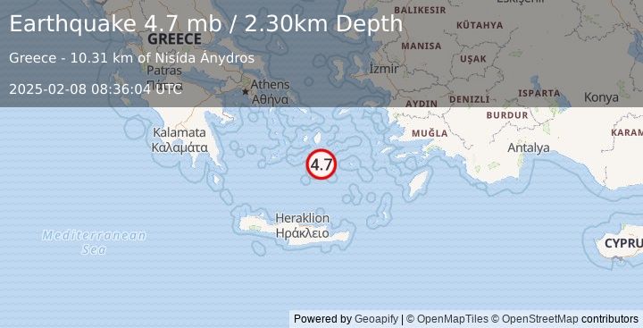 Earthquake DODECANESE ISLANDS, GREECE (4.7 mb) (2025-02-08 08:36:04 UTC)