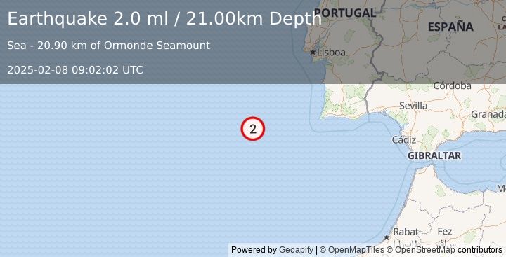 Earthquake AZORES-CAPE ST. VINCENT RIDGE (2.0 ml) (2025-02-08 09:02:02 UTC)