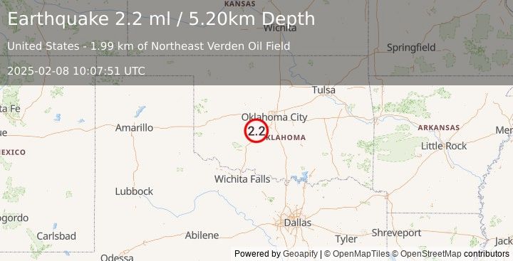 Earthquake OKLAHOMA (2.2 ml) (2025-02-08 10:07:51 UTC)