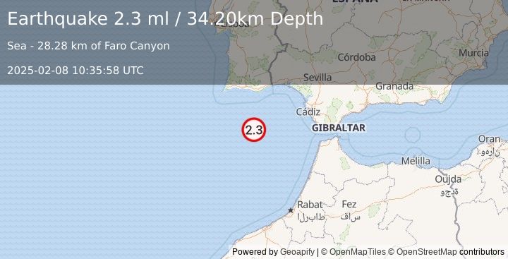 Earthquake STRAIT OF GIBRALTAR (2.3 ml) (2025-02-08 10:35:58 UTC)