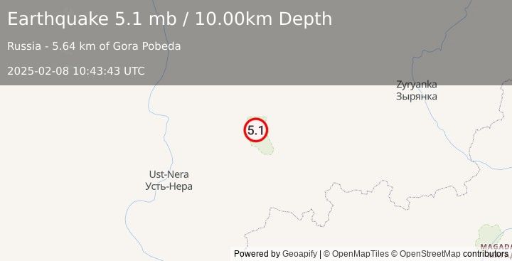 Earthquake SOUTHWESTERN SAKHA, RUSSIA (5.1 mb) (2025-02-08 10:43:43 UTC)