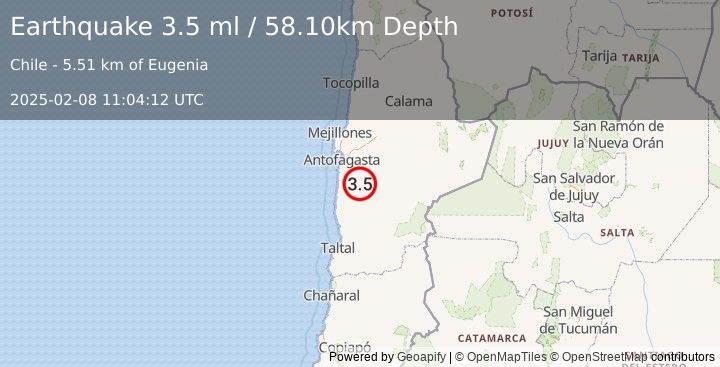 Earthquake ANTOFAGASTA, CHILE (3.5 ml) (2025-02-08 11:04:12 UTC)