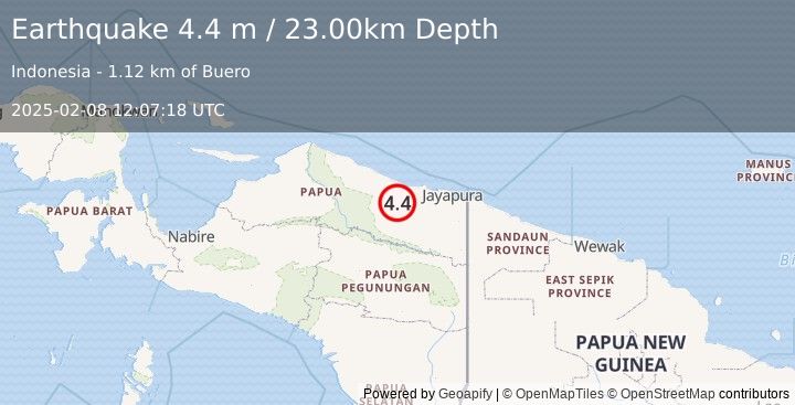 Earthquake NEAR N COAST OF PAPUA, INDONESIA (4.4 m) (2025-02-08 12:07:18 UTC)