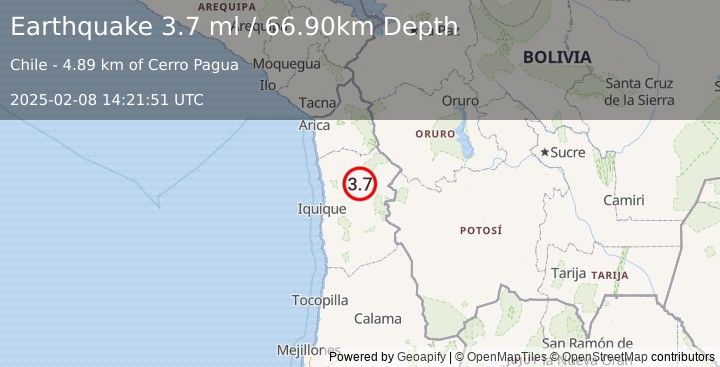 Earthquake TARAPACA, CHILE (3.7 ml) (2025-02-08 14:21:51 UTC)