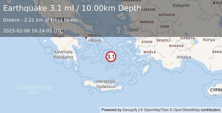 Earthquake DODECANESE ISLANDS, GREECE (3.1 ml) (2025-02-08 16:24:05 UTC)