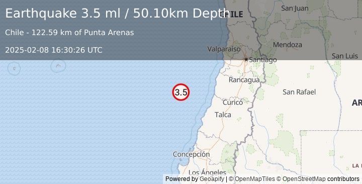 Earthquake OFF COAST OF O'HIGGINS, CHILE (3.5 ml) (2025-02-08 16:30:26 UTC)