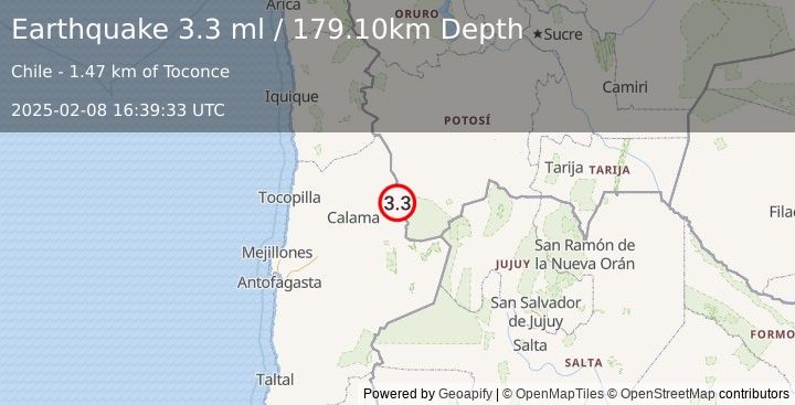 Earthquake ANTOFAGASTA, CHILE (3.3 ml) (2025-02-08 16:39:33 UTC)