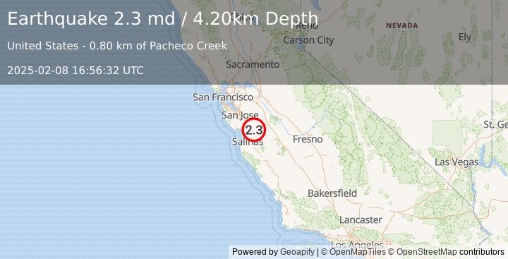 Earthquake CENTRAL CALIFORNIA (2.3 md) (2025-02-08 16:56:32 UTC)