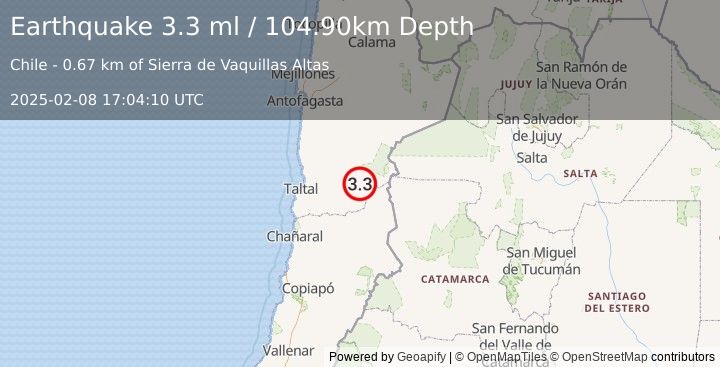 Earthquake ANTOFAGASTA, CHILE (3.3 ml) (2025-02-08 17:04:10 UTC)