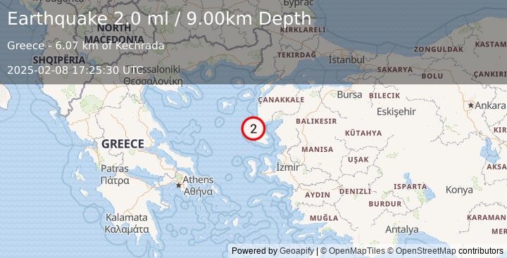 Earthquake NEAR THE COAST OF WESTERN TURKEY (2.0 ml) (2025-02-08 17:25:30 UTC)