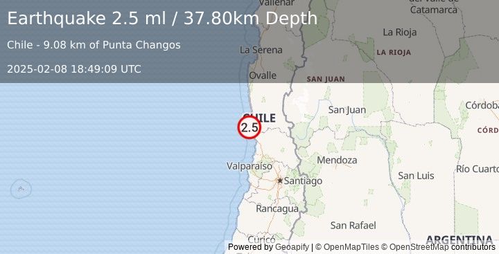 Earthquake OFFSHORE COQUIMBO, CHILE (2.5 ml) (2025-02-08 18:49:09 UTC)