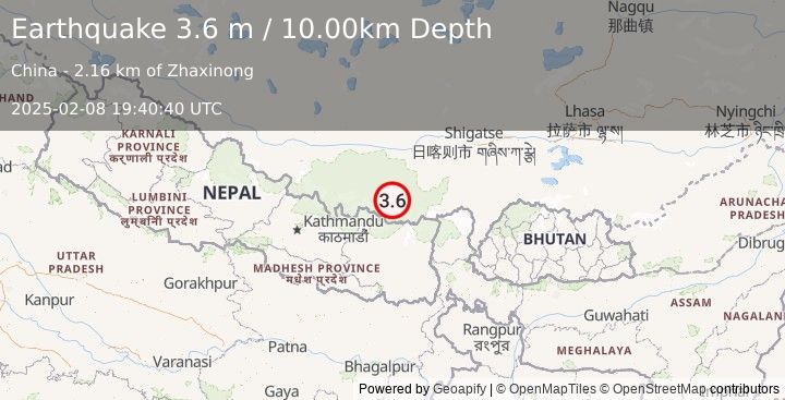 Earthquake WESTERN XIZANG (3.6 m) (2025-02-08 19:40:40 UTC)